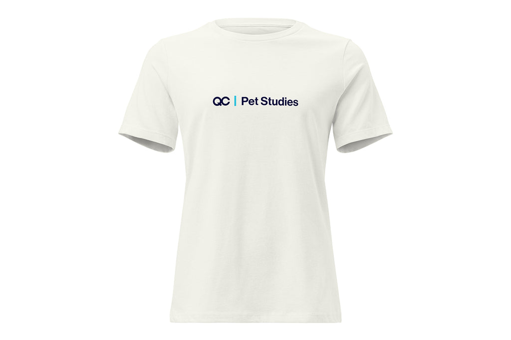 Off-White t-shirt with 'QC Pet Studies' logo on a white background