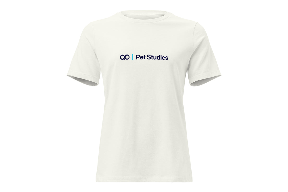 Off-White t-shirt with 'QC Pet Studies' logo on a white background