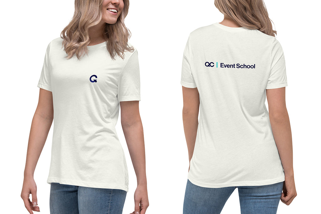 Off-White t-shirt with a Q logo on front and QC Event School on the back worn by a person, on a white background