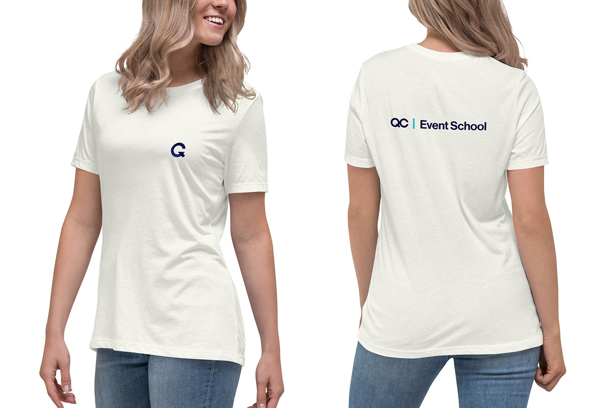 Off-White t-shirt with a Q logo on front and QC Event School on the back worn by a person, on a white background