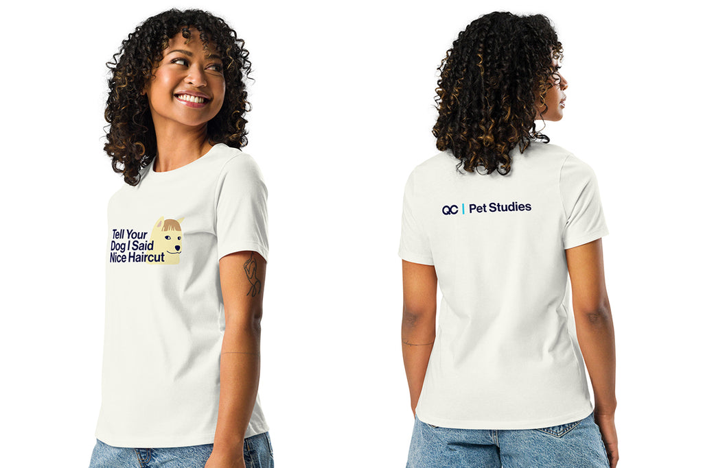 Person wearing a off-white t-shirt with text and a graphic, shown from front and back.