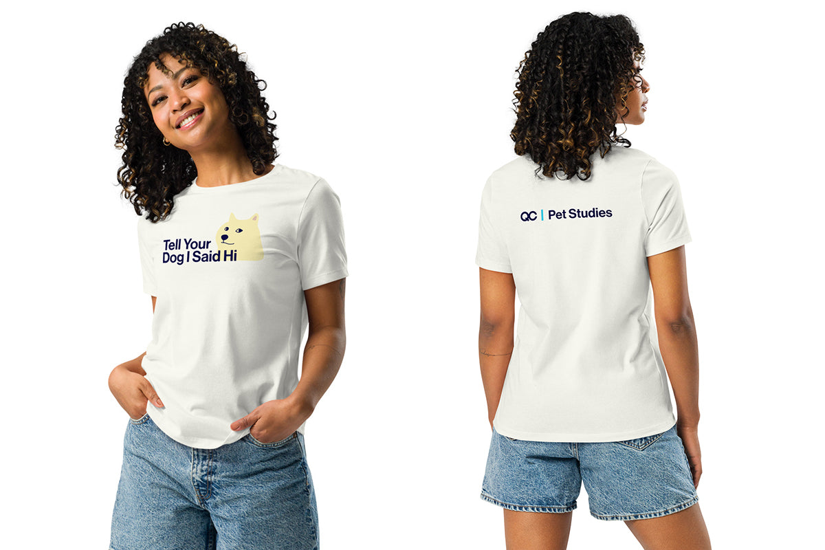 Person wearing a white t-shirt with text and a QC Pet Studies logo, shown from front and back.