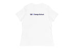 White t-shirt with 'QC Design School' text on the back on a white background