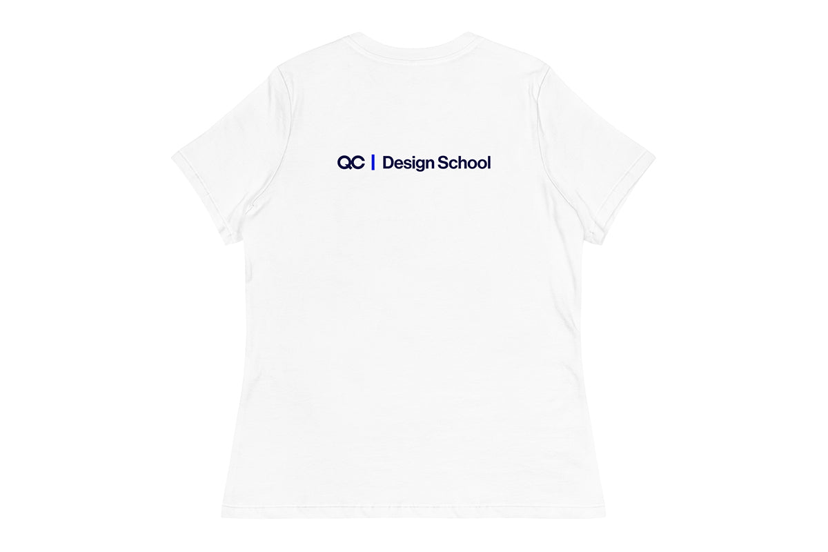 White t-shirt with 'QC Design School' text on the back on a white background