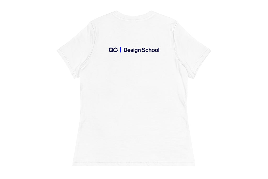 White t-shirt with 'QC Design School' text on a white background