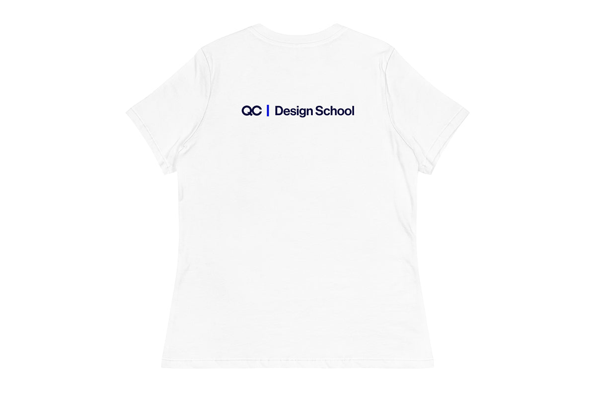 White t-shirt with 'QC Design School' text on a white background