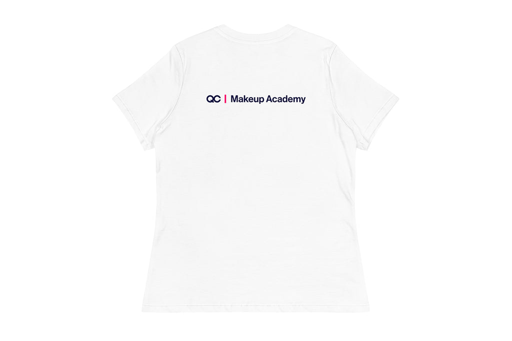 Back of White t-shirt with 'OC Makeup Academy' text on a white background
