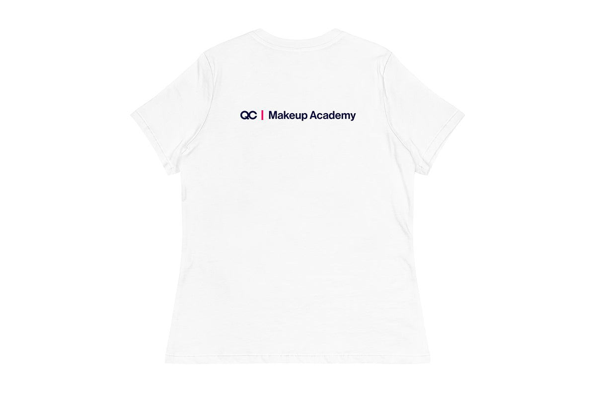 Back of White t-shirt with 'OC Makeup Academy' text on a white background