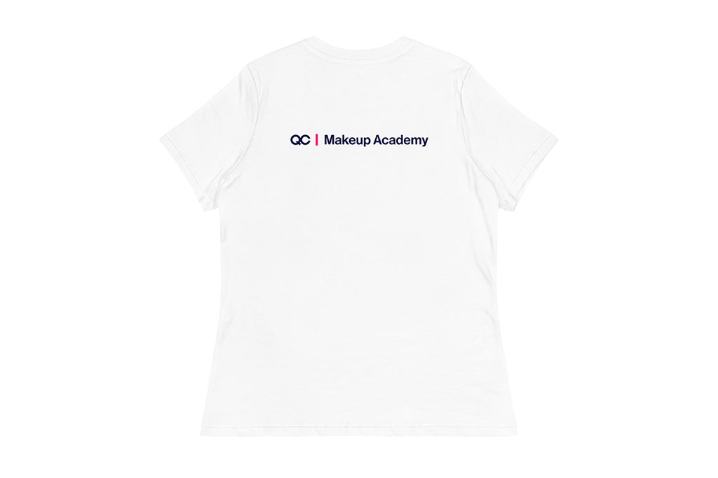 Back of white t-shirt with 'QC Makeup Academy' text on a white background