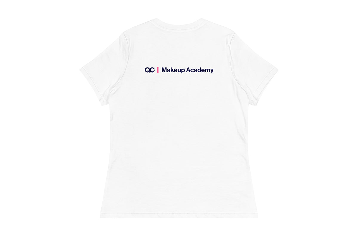 Back of white t-shirt with 'QC Makeup Academy' text on a white background