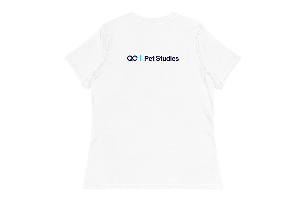 White t-shirt back with 'QC Pet Studies' text on a white background