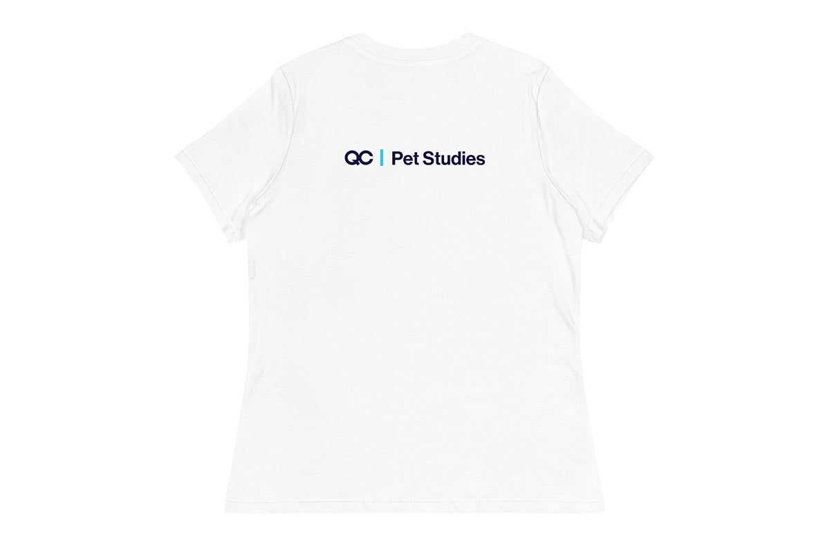 White t-shirt back with 'QC Pet Studies' text on a white background