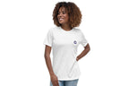 Person wearing a white t-shirt with a Q logo on a white background