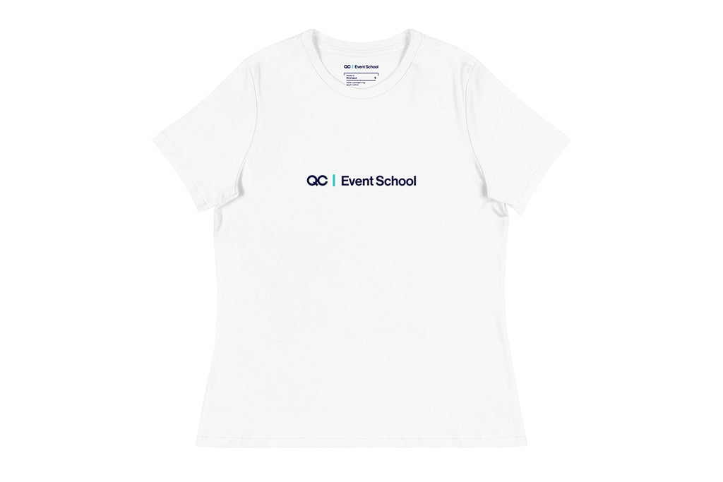 White t-shirt with 'QC Event School' text on a white background