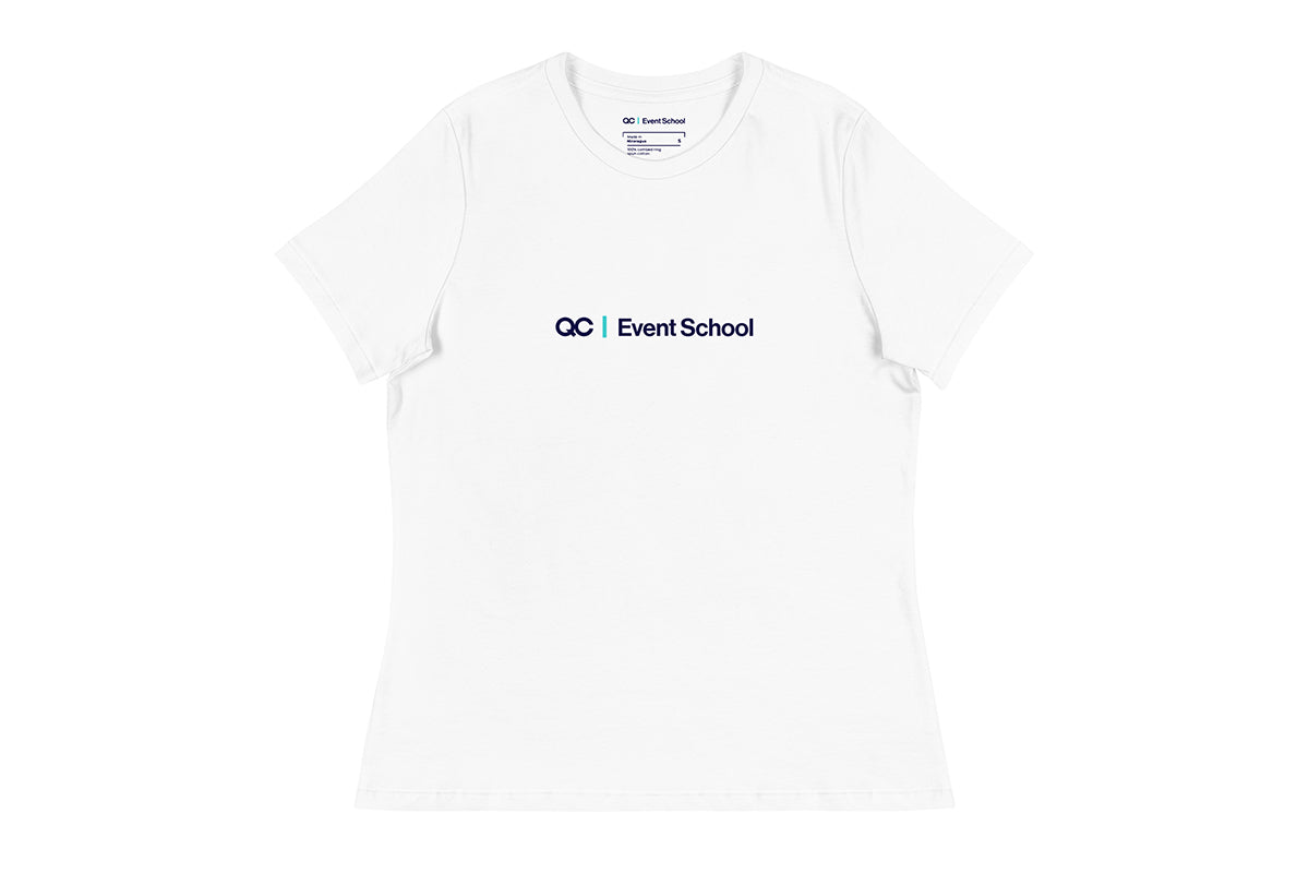 White t-shirt with 'QC Event School' text on a white background