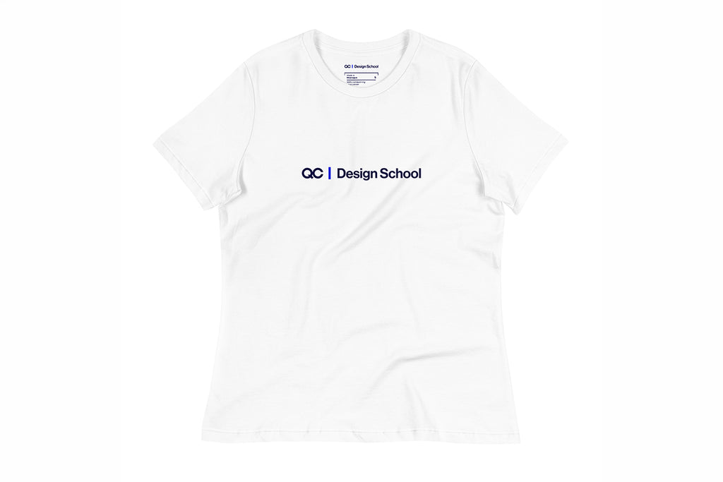 White t-shirt with 'QC Design School' logo on a white background