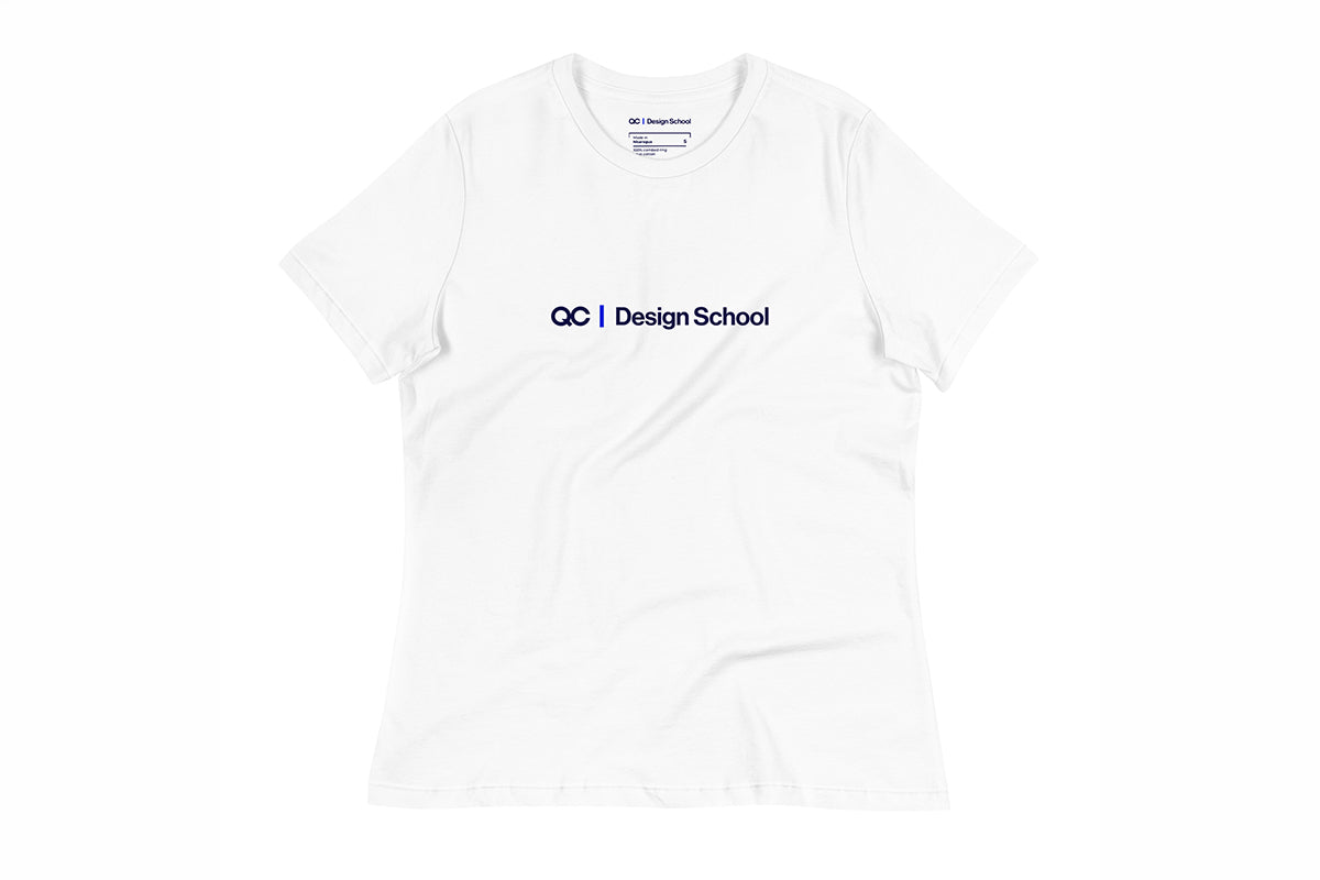 White t-shirt with 'QC Design School' logo on a white background