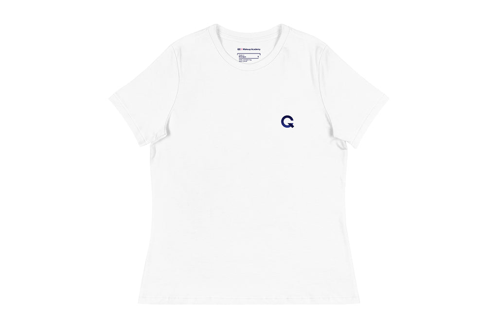White t-shirt with a Q logo on a white background