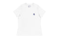 White t-shirt with a Q logo on a white background