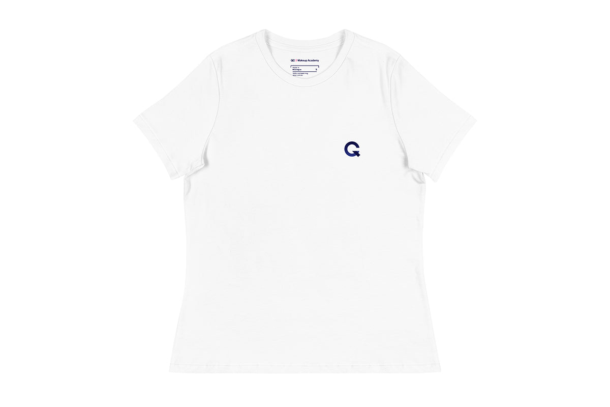White t-shirt with a Q logo on a white background