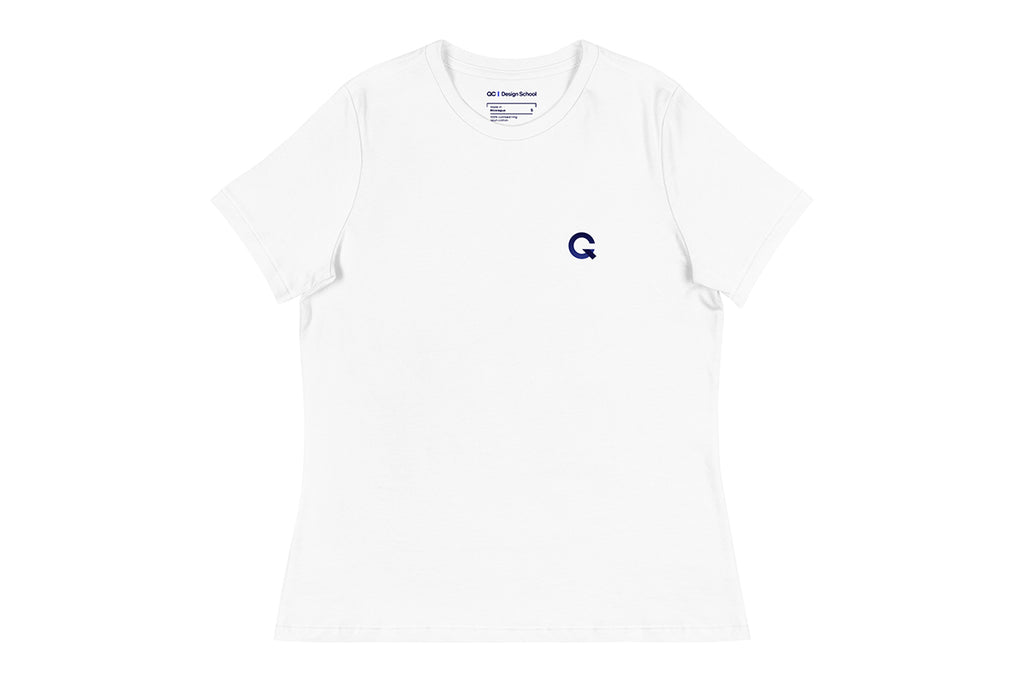 White t-shirt with a Q logo on the chest against a white background