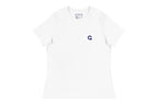 White t-shirt with a Q logo on the chest against a white background