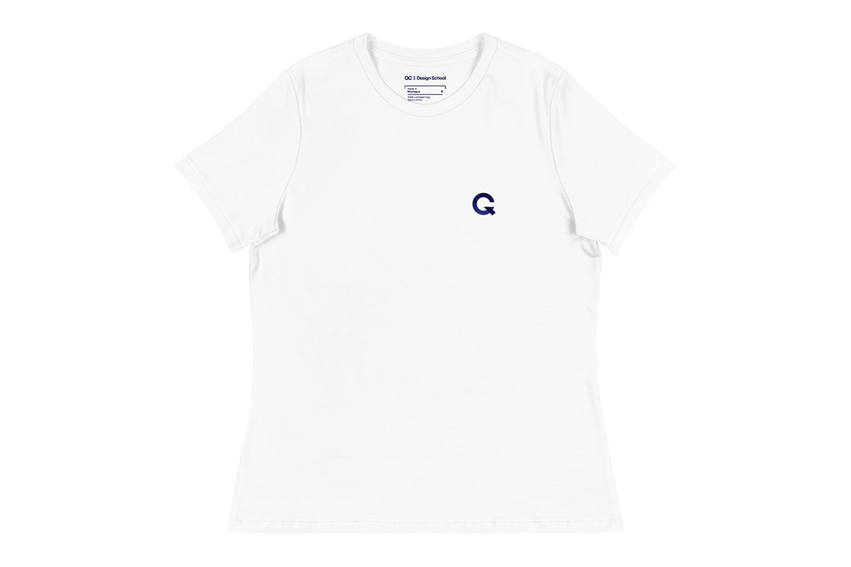 White t-shirt with a Q logo on the chest against a white background