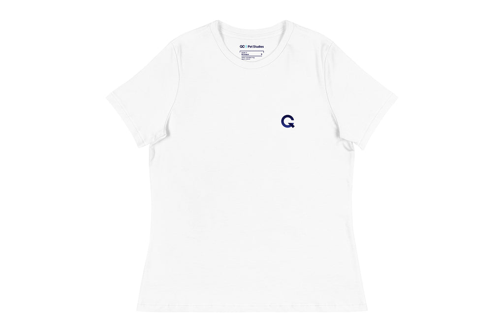 White t-shirt with a Q logo on the chest against a white background