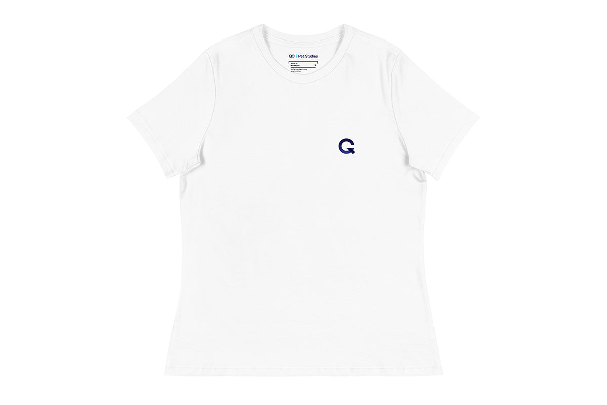 White t-shirt with a Q logo on the chest against a white background