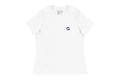 White t-shirt with a blue Q logo on a white background