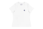 White t-shirt with a blue Q logo on a white background