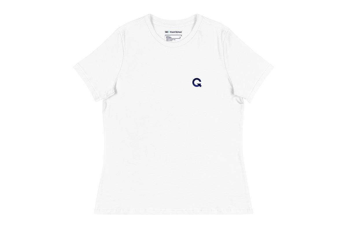 White t-shirt with a blue Q logo on a white background