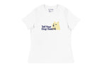 White t-shirt with a graphic of a dog and text 'Tell Your Dog I Said Hi' on a white background