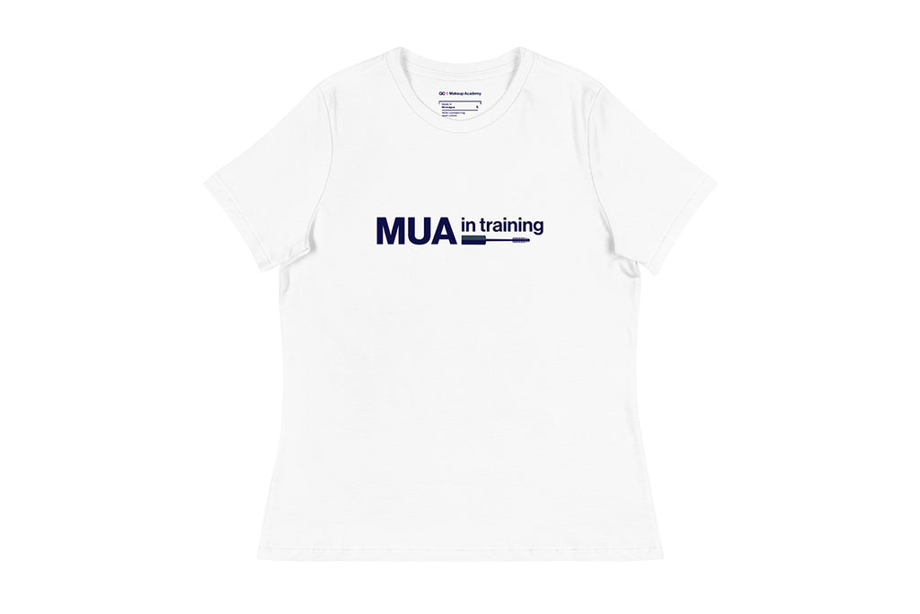 White t-shirt with 'MUA in training' text on a white background