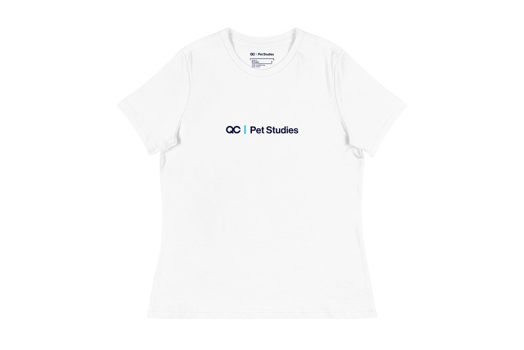 White t-shirt with 'QC Pet Studies' text on a white background