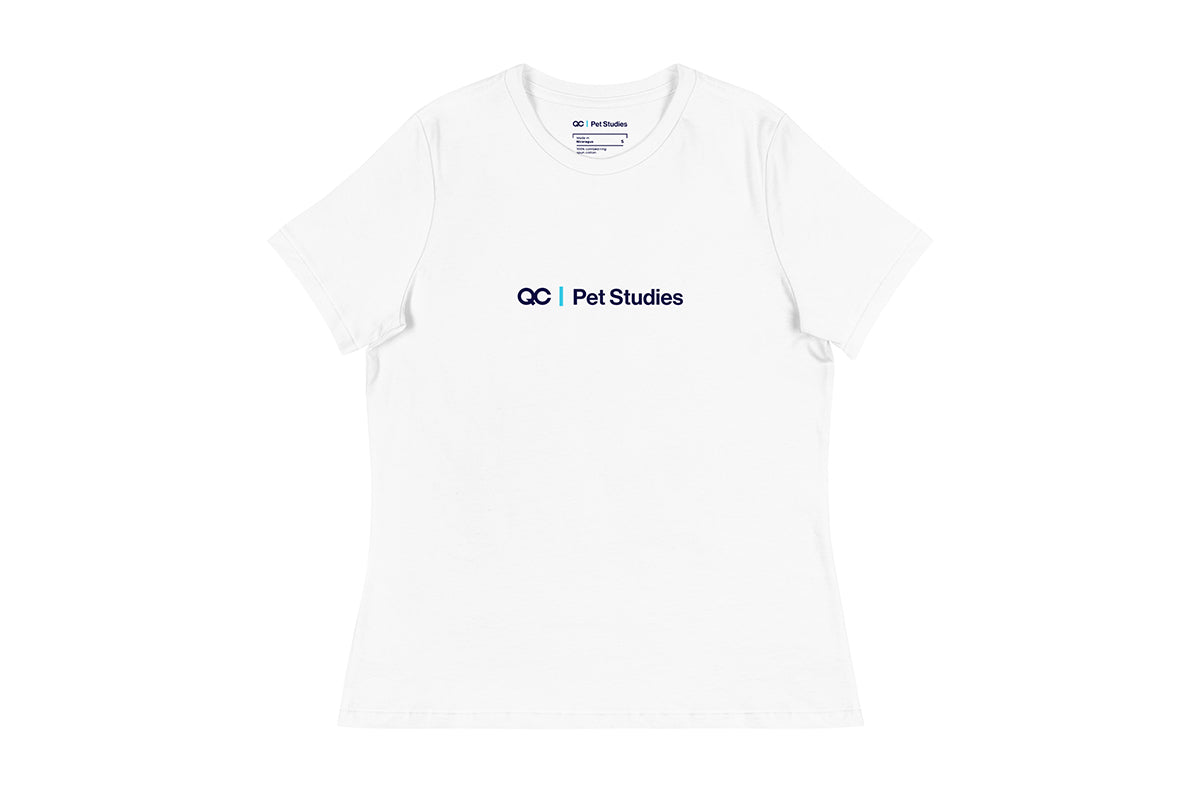 White t-shirt with 'QC Pet Studies' text on a white background