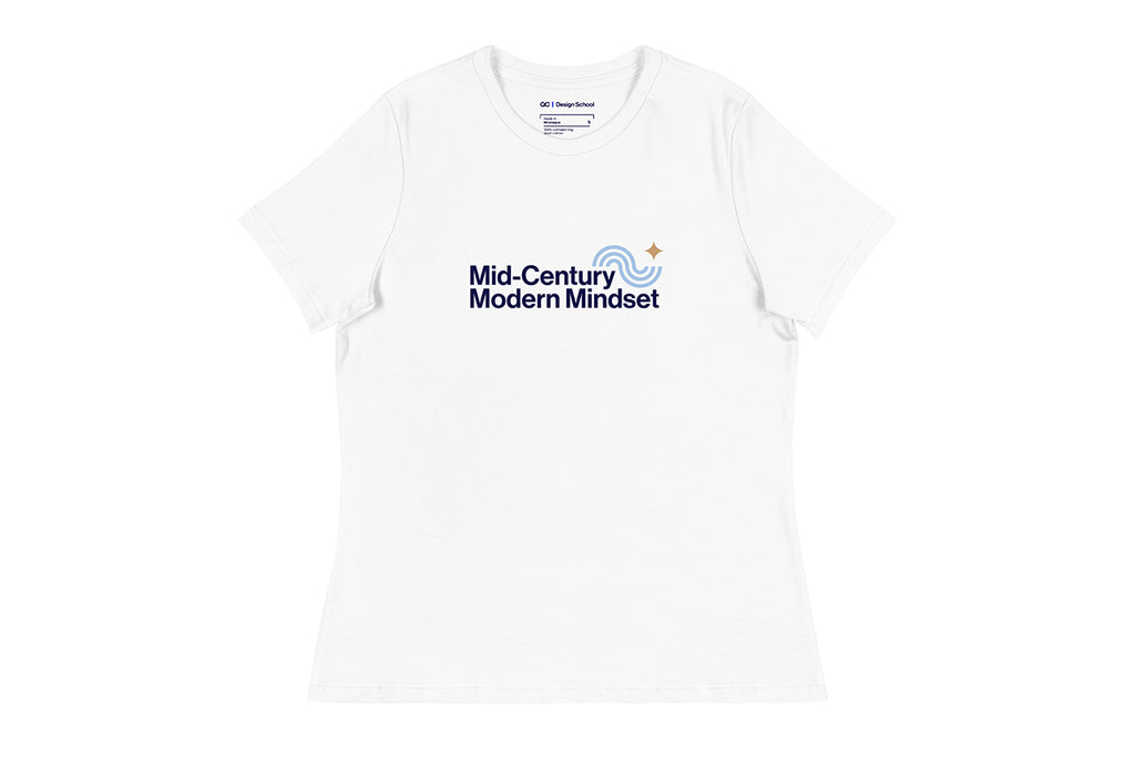 White t-shirt with 'Mid-Century Modern Mindset' text and logo on a white background
