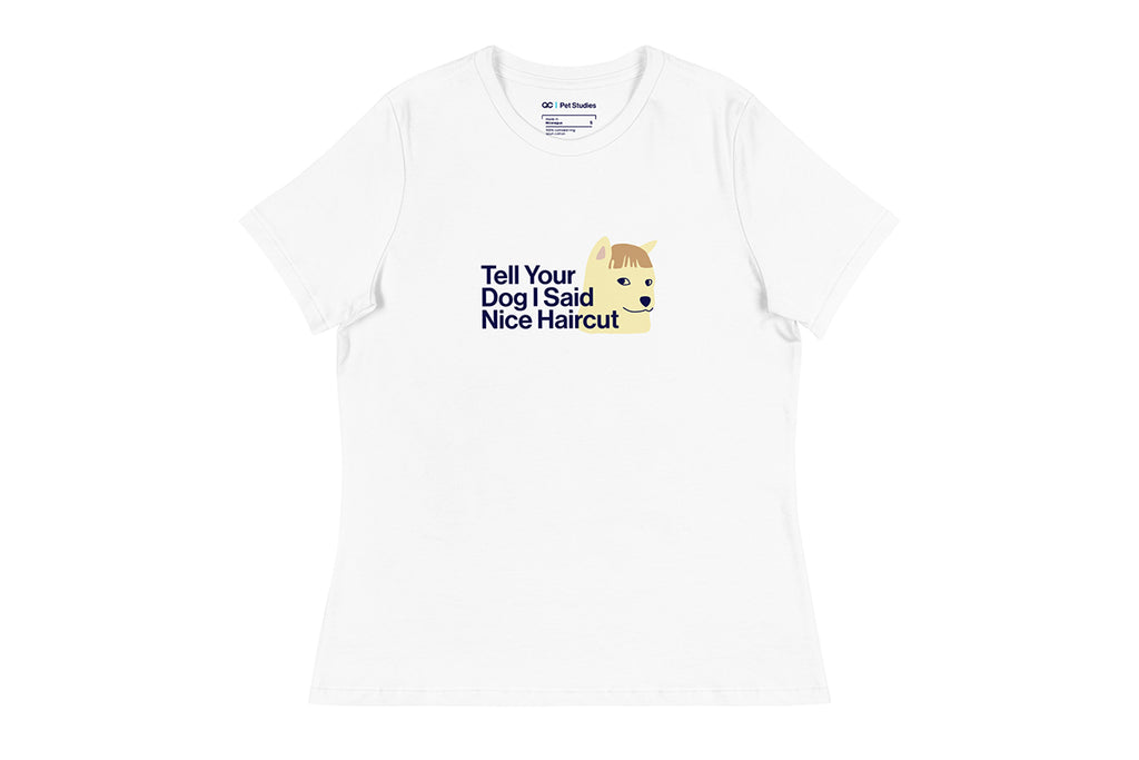 White t-shirt with humorous text and graphic on a white background