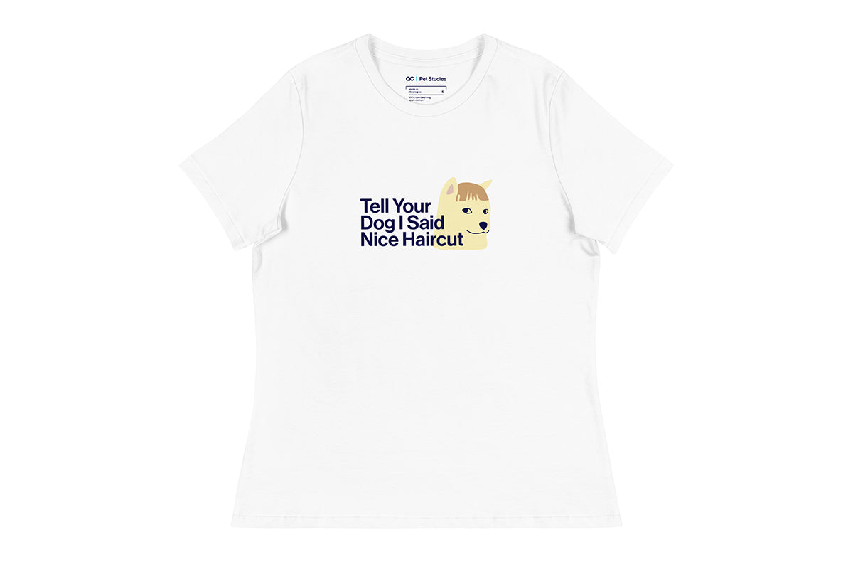 White t-shirt with humorous text and graphic on a white background