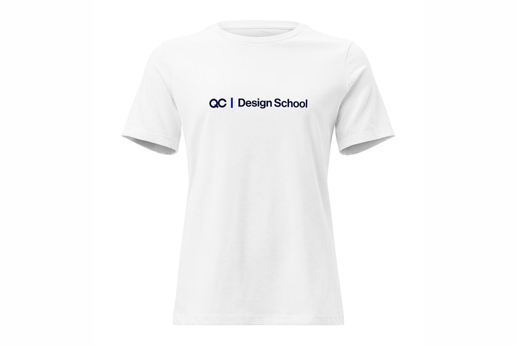 White t-shirt with 'QC Makeup Academy' logo on a white background
