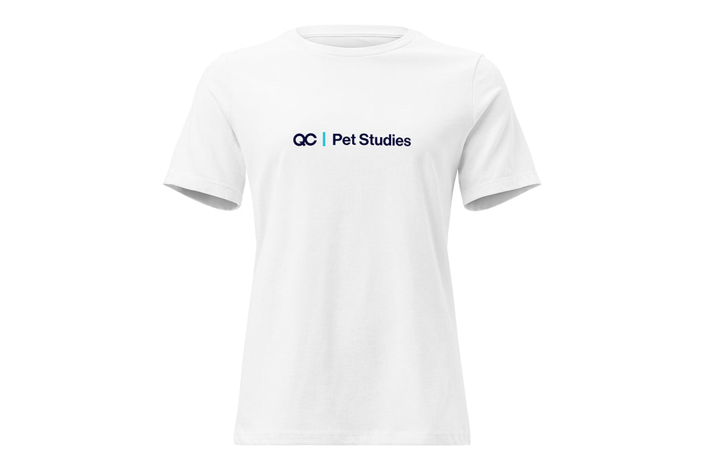 White t-shirt with 'QC Pet Studies' logo on a white background