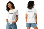 Person wearing a white t-shirt with text and a QC Pet Studies logo, shown from front and back.