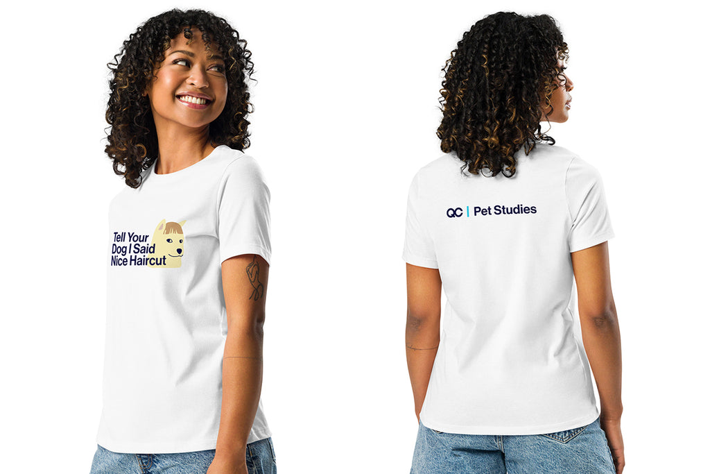 Person wearing a white t-shirt with text and a QC Pet Studies logo, showing front and back views.