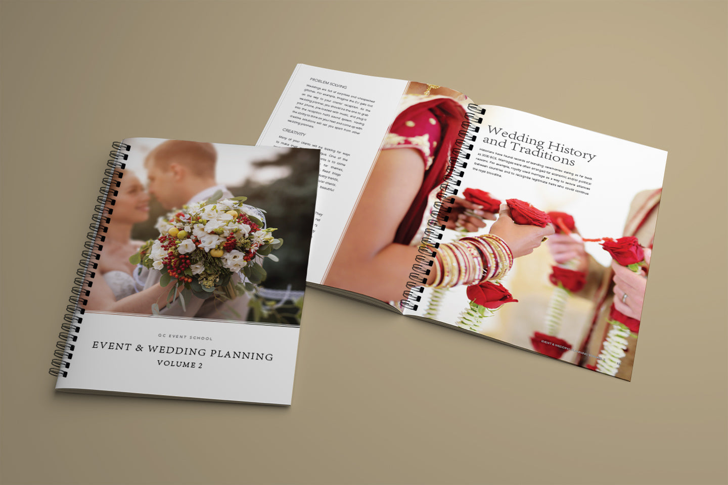 Open book on event and wedding planning with images of a couple and traditional wedding practices.